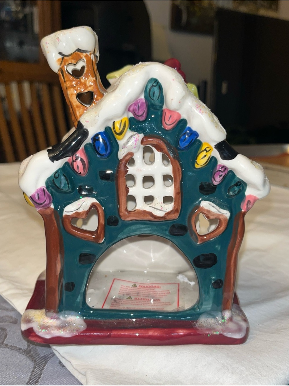 Holiday Ceramic Gingerbread House Teal Decorative Accent
